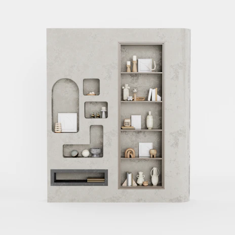 Custom-designed wall shelf with clean lines and subtle gray finish holding curated art pieces.