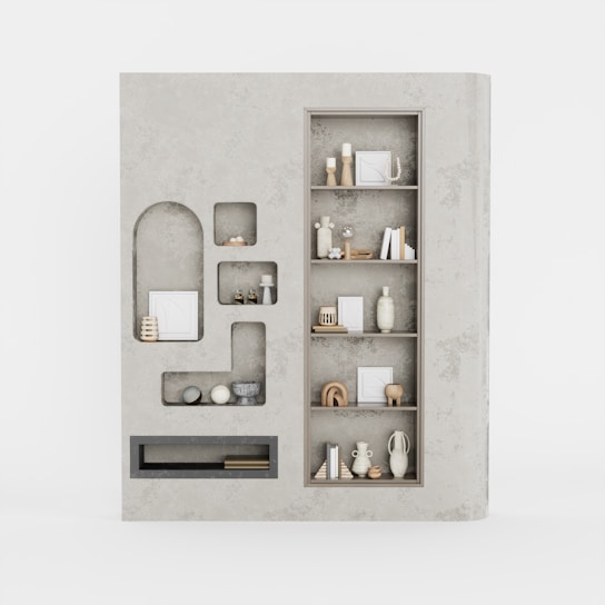 A beautifully arranged display of floating shelves showcasing decorative items.