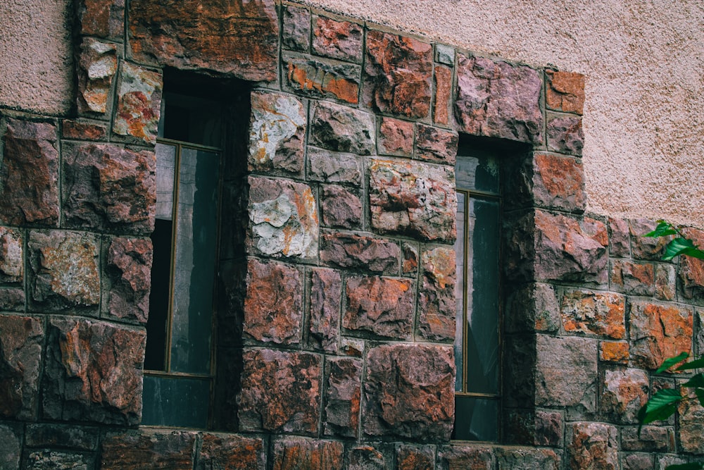 a stone wall with two windows and a plant