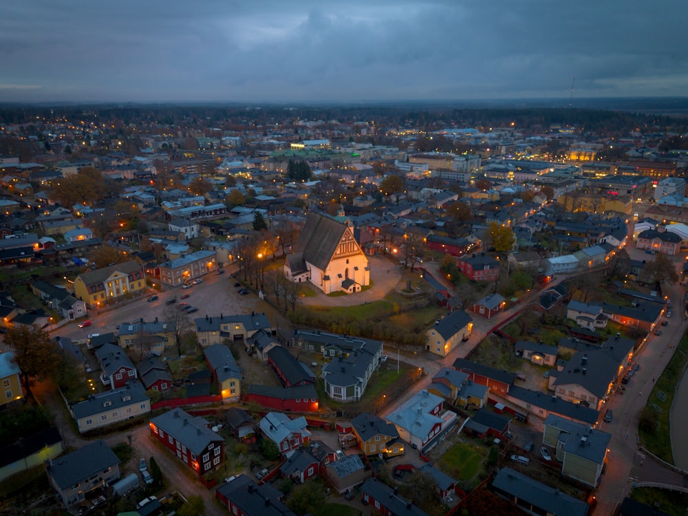 an aerial view of a city at night