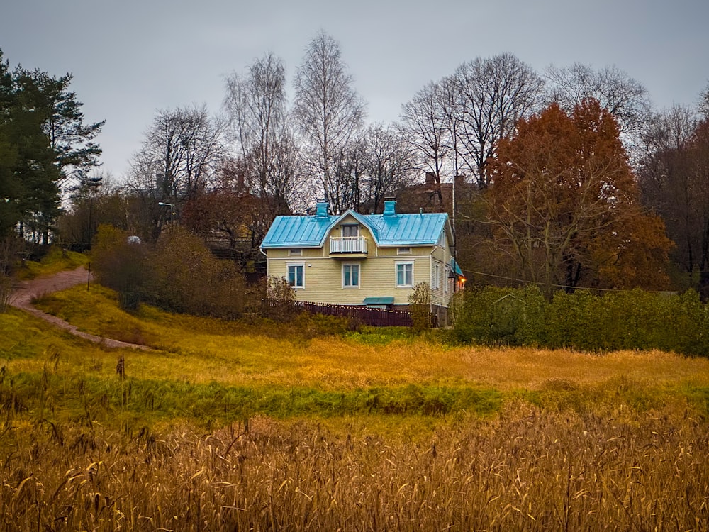 a yellow house with a blue roof in a field