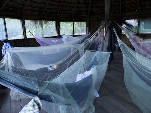 A wooden, open-air structure with several hammocks suspended from the ceiling, each covered with mosquito nets. The interior is dimly lit with natural light filtering through the windows, and the floor is made of wooden planks. The space has a rustic, natural ambiance, with some bags or clothing on the hammocks.