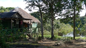 A rustic wooden house with a thatched roof is nestled among dense green foliage. The structure is elevated on stilts and surrounded by abundant vegetation, including tall trees and various shrubs. A person stands on the house's porch, looking out towards a serene river flowing in the background.
