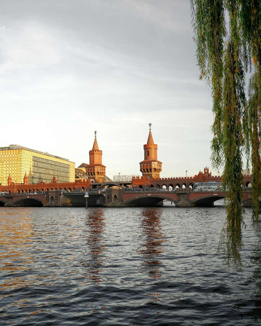 a large body of water with a bridge and buildings in the background