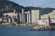 An industrial facility is situated by a body of water, featuring multiple silos and large factory buildings. In the foreground, there is a pink lighthouse on a rocky outcrop. The background consists of a hillside with lush greenery and residential buildings scattered across it.