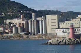 An industrial facility is situated by a body of water, featuring multiple silos and large factory buildings. In the foreground, there is a pink lighthouse on a rocky outcrop. The background consists of a hillside with lush greenery and residential buildings scattered across it.