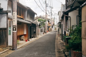 A street view of a quiet neighborhood with homes reflecting classic Japanese architecture and clean lines.