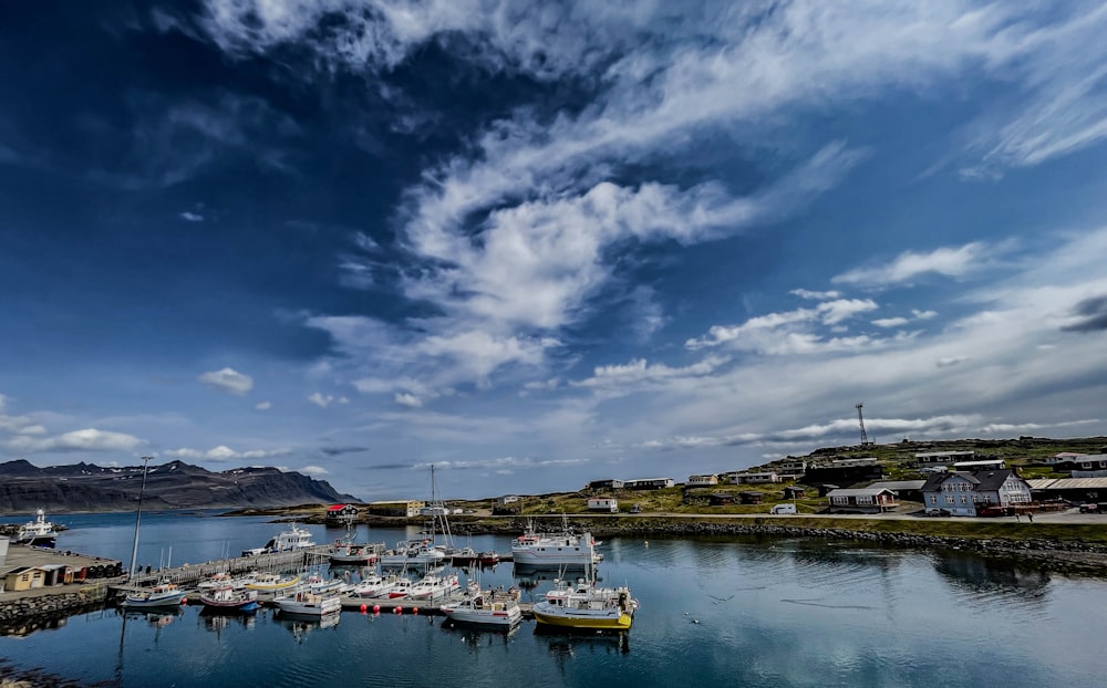 a harbor filled with lots of boats under a cloudy blue sky