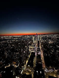 An aerial view of a city skyline with digital data overlays.