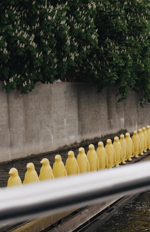 A line of yellow penguin sculptures is positioned on a wooden plank over water, with a concrete wall and lush green foliage in the background.