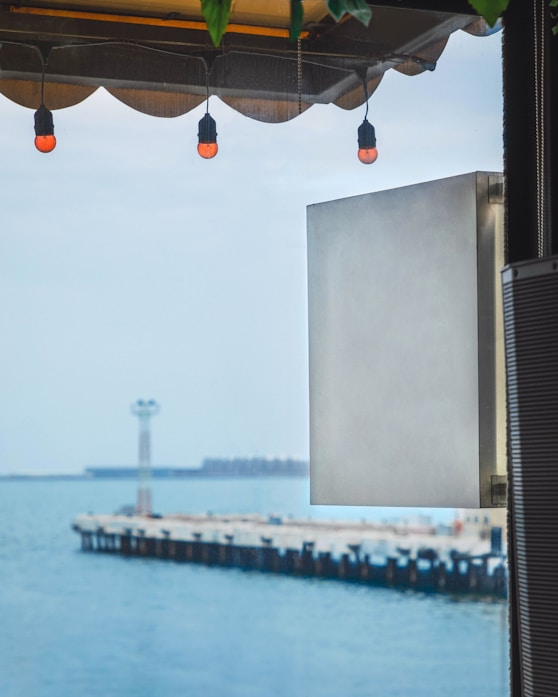 a view of the ocean from a restaurant