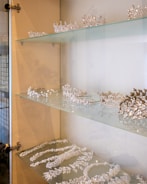 A glass display case is filled with an array of glittering tiaras and crowns, each intricately designed with crystals and pearls. The shelves showcase the delicate craftsmanship of the jewelry pieces, which are neatly arranged with some necklaces and matching accessories.
