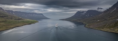 A large cruise ship is sailing along a wide, calm fjord surrounded by steep, shadowy mountains. The sky is overcast, with thick clouds casting a moody atmosphere over the scene. The mountains have patches of snow near their peaks, and the water is a deep, reflective gray that mirrors the overcast sky.