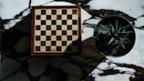 A wooden chessboard with a simple alternating square pattern sits next to a potted succulent plant. The background is a white and black marbled surface, with shadows cast over the objects, creating a dramatic contrast.