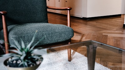 A cozy interior space featuring a green upholstered chair with wooden arms next to a glass-topped table. A small potted plant with spiky leaves is visible in the foreground. The room has a warm wooden floor and a bright atmosphere.