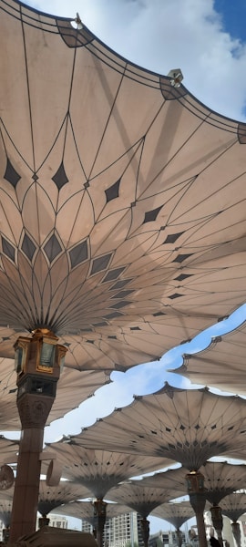 Large, ornate canopies with intricate patterns providing shade, designed with a geometric flower-like motif. They are supported by columns, with a blue sky and a few clouds visible above.
