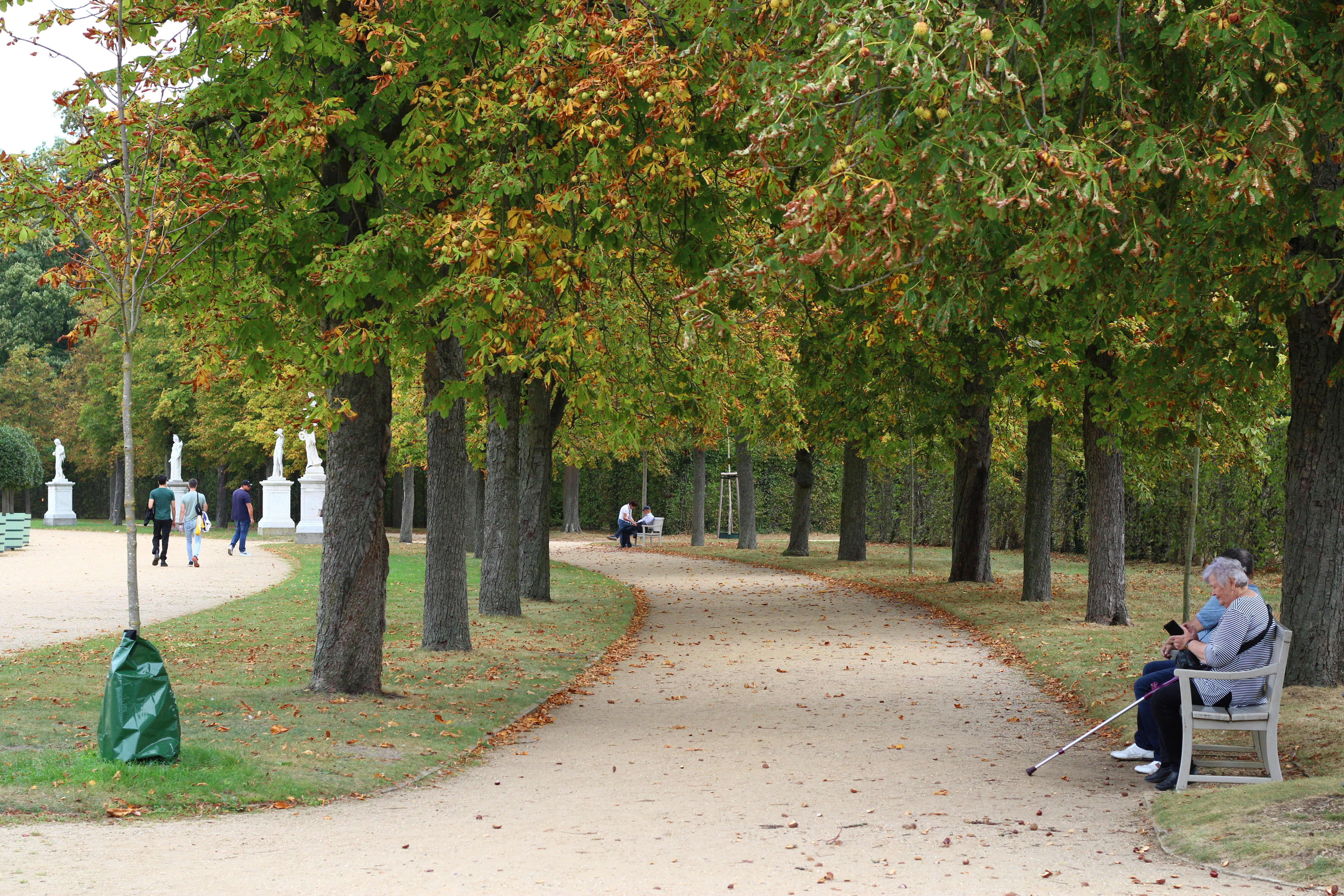 a person sitting on a bench in a park