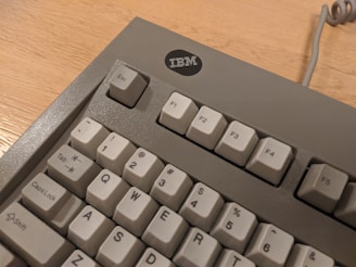 Close-up view of a vintage IBM mechanical keyboard featuring gray and beige keys. The keyboard includes function keys (F1 to F5) above the number keys, and keys such as Esc, Tab, and Caps Lock. The IBM logo is visible at the top, set against a neutral background.