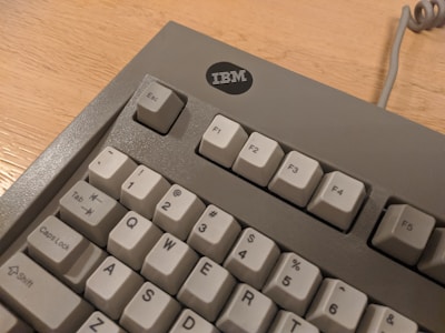 Close-up view of a vintage IBM mechanical keyboard featuring gray and beige keys. The keyboard includes function keys (F1 to F5) above the number keys, and keys such as Esc, Tab, and Caps Lock. The IBM logo is visible at the top, set against a neutral background.