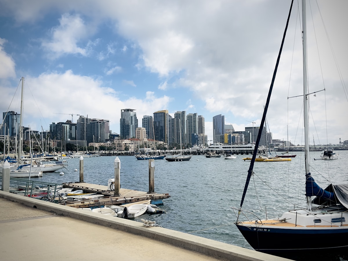 San Diego harbor filled with boats next to the downtown skyline, showing the waterfront that NBSD sailors see on their daily commute