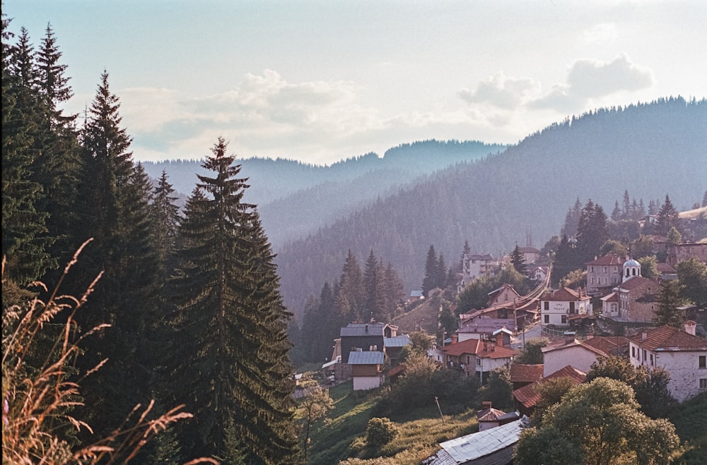 a village nestled in the mountains surrounded by trees