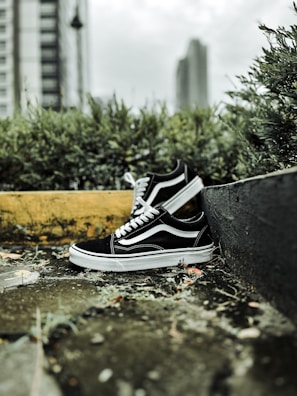 A pair of black and white sneakers is placed on an outdoor stone surface surrounded by green shrubs and a blurred cityscape in the background. The shoes are positioned casually, creating a laid-back and urban vibe.