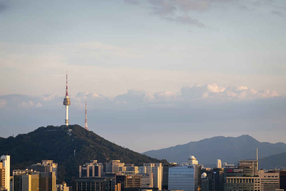 a view of a city with a mountain in the background