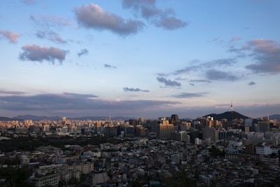 A panoramic view of a bustling city skyline at dusk.