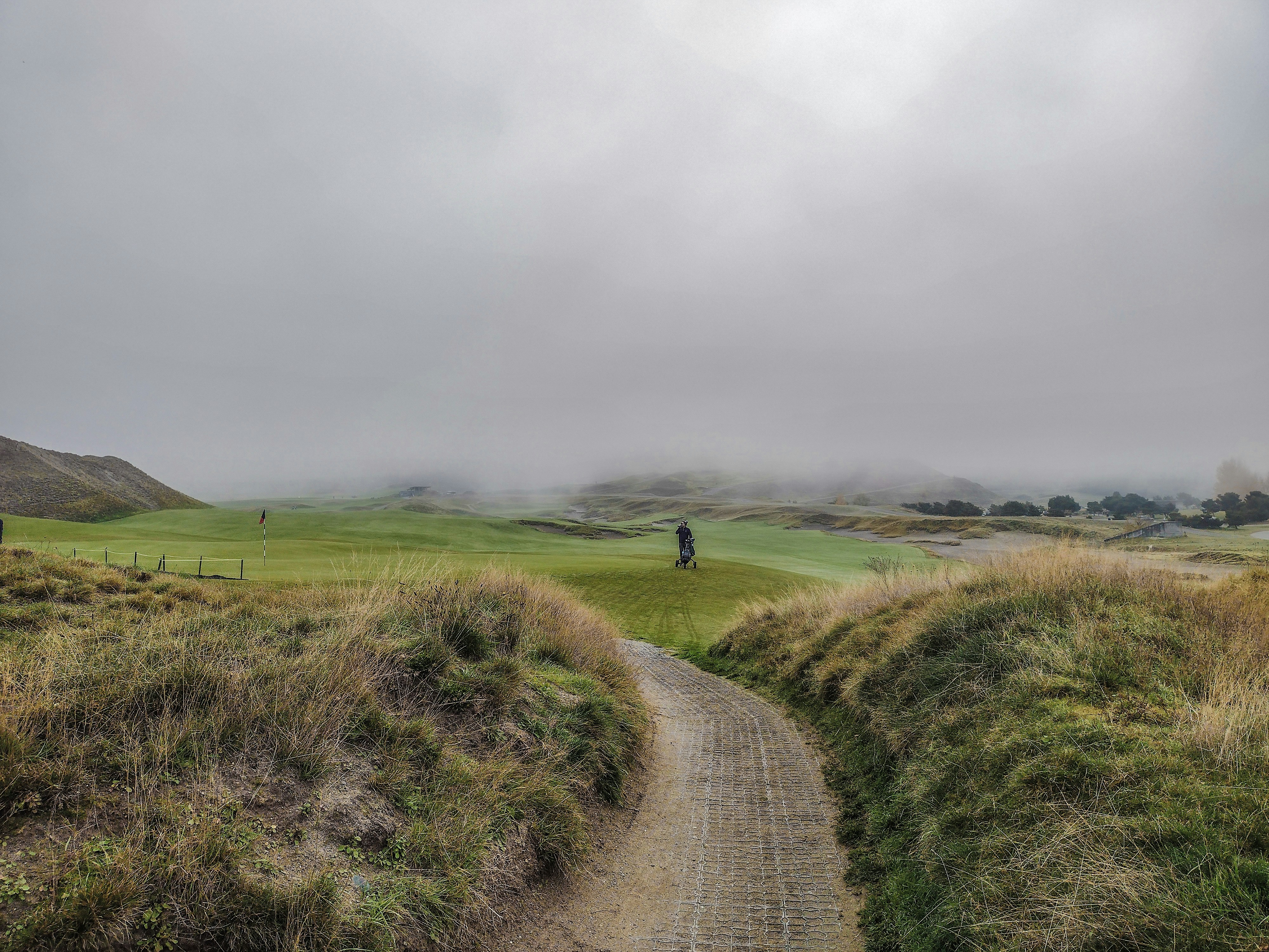 a person walking down a dirt road on a foggy day