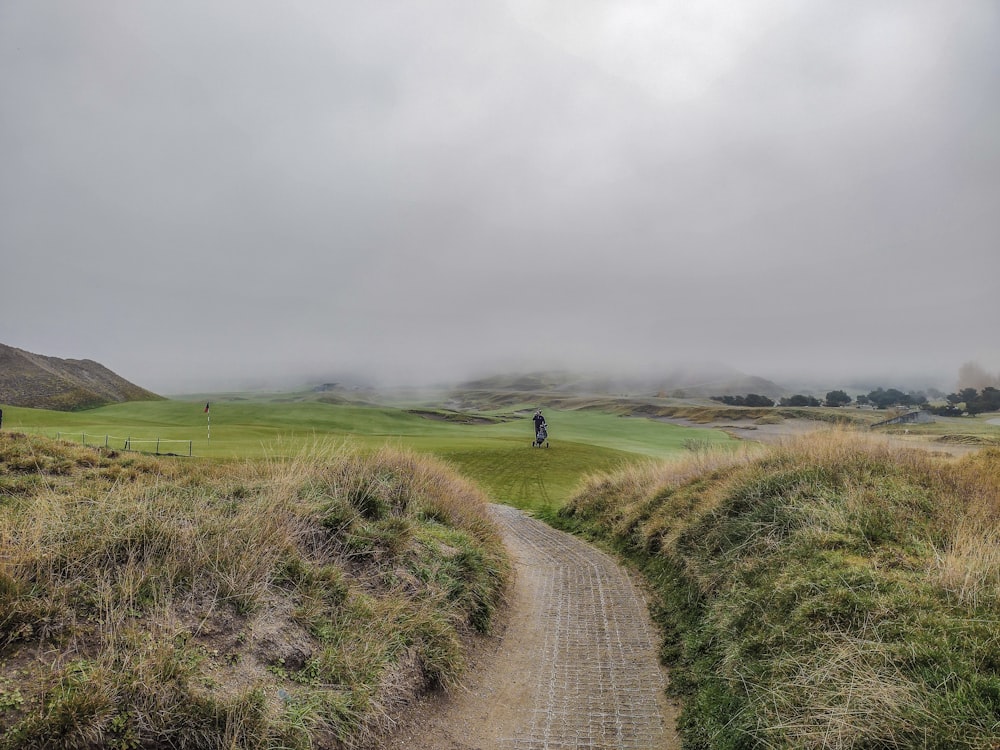 a person walking down a dirt road on a foggy day