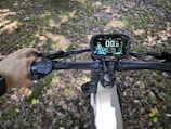 The image captures the view from a cyclist's perspective, showcasing the handlebars and digital display of an electric bike. A hand is adjusting controls on the left handlebar. The digital display indicates speed, trip distance, and battery level. The ground below is covered with dry leaves, suggesting an autumn setting.