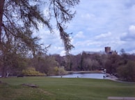 A lush green landscape with a large, open lawn area in the foreground. A tree with bare branches frames the upper part of the scene. In the background, there is a calm pond bordered by trees with varying shades of green and brown. A historical building with a large tower is visible in the distance under a partly cloudy sky.