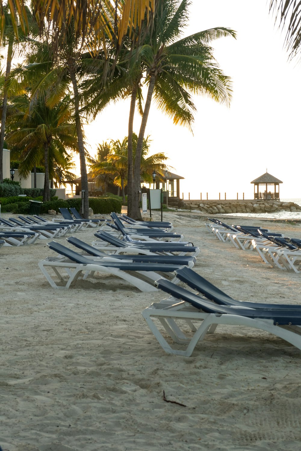 a row of lounge chairs sitting on top of a sandy beach