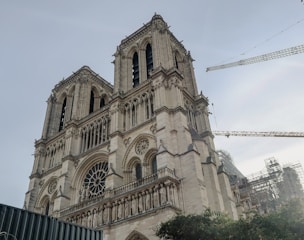 A Gothic-style cathedral with two prominent towers and intricate architectural details, surrounded by construction cranes and scaffolding, indicating restoration work.