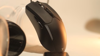 A black computer mouse is prominently displayed, positioned at an angle with a warm light creating soft highlights. The background is out of focus, and the mouse has a sleek, modern design with additional buttons on the side.