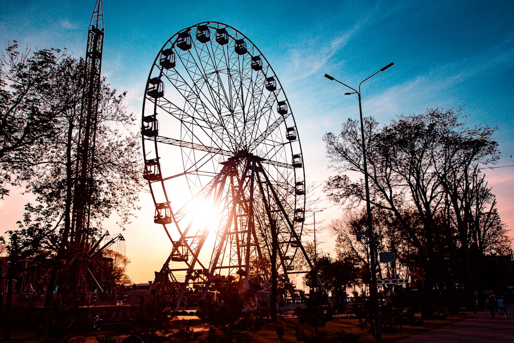 a ferris wheel in a park at sunset