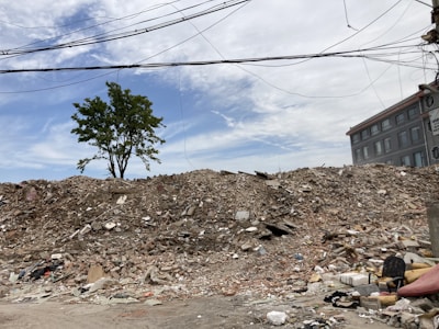 A large pile of rubble and debris is seen in the foreground, possibly from a demolished building, with a single tree standing on top. Electric wires stretch across the sky, and a multi-story building is visible to the right. The scene appears desolate and abandoned.