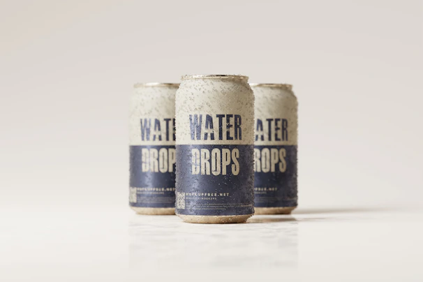 Premium 300ml water cans with clean white and gold branding displayed on a polished hotel reception desk.