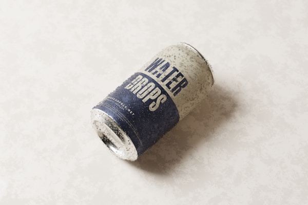 A can labeled 'water drops' is lying on its side on a light background. The can appears to be cold or recently taken out of a refrigerator, with visible condensation forming small droplets on its surface.