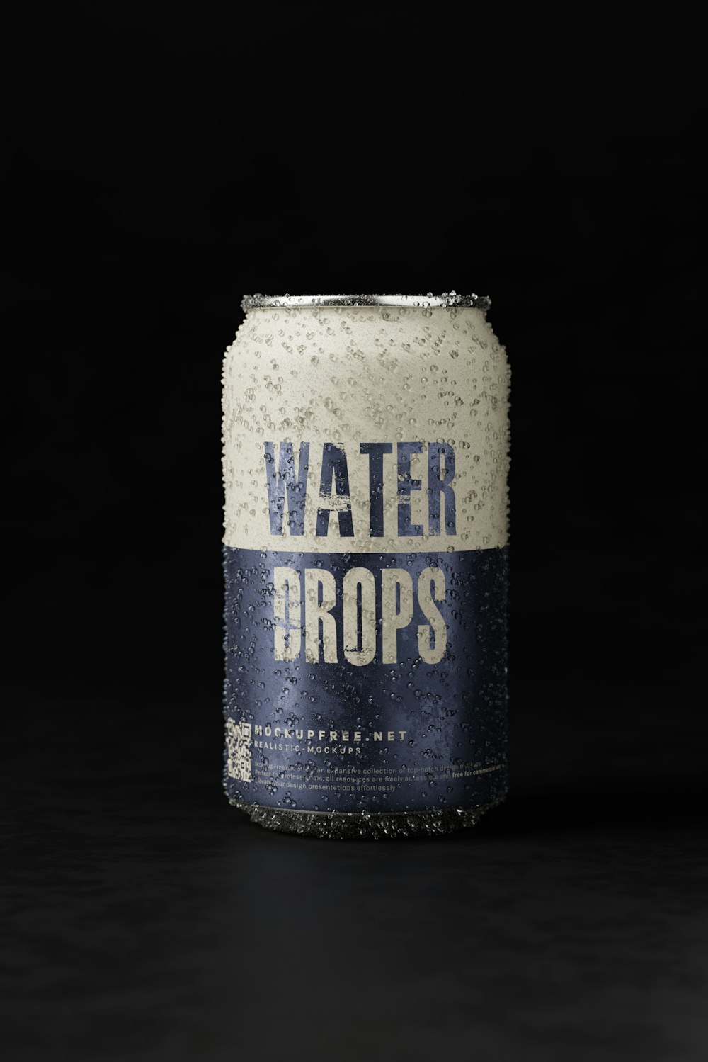a can of water drops on a black background