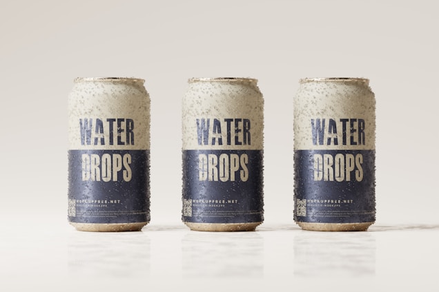 Three beverage cans covered in condensation are aligned in a row against a light, neutral background. The cans are labeled with the words 'Water Drops' in bold blue letters on a white background, with additional text and a QR code near the bottom.