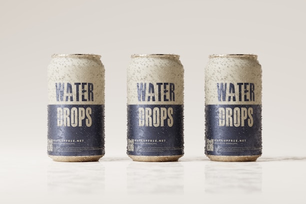 Three beverage cans covered in condensation are aligned in a row against a light, neutral background. The cans are labeled with the words 'Water Drops' in bold blue letters on a white background, with additional text and a QR code near the bottom.
