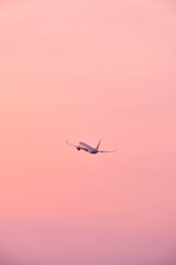 Animated plane ascending against a gradient sky from day to sunset.