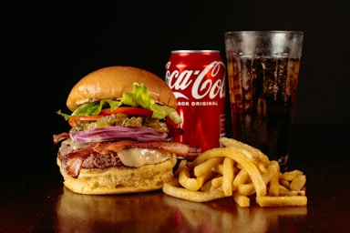 food photography,how to photograph a hamburger and french fries are on a table