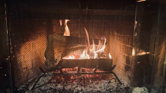 A warm and cozy fire burns brightly within a fireplace, surrounded by a protective mesh screen. The flames cast a gentle glow, illuminating the brick interior of the fireplace. Logs are arranged on a metal grate, contributing to the flickering firelight and emitting a comforting ambiance.