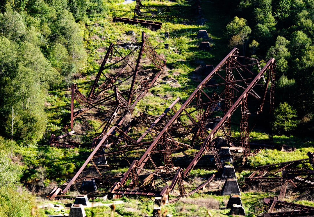 an aerial view of a train track in the woods,