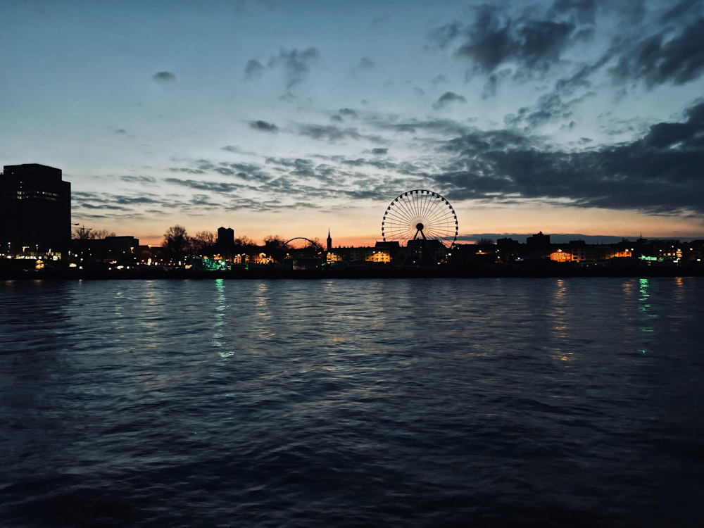 a large ferris wheel sitting on the side of a river