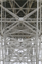 A detailed view of metal trusses used in construction.