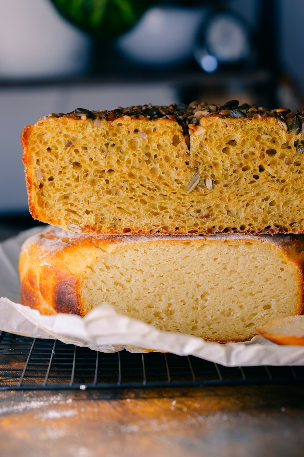 a loaf of bread sitting on top of a cooling rack