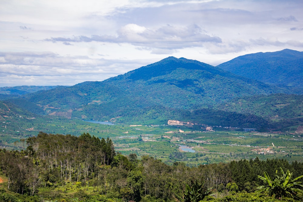 a scenic view of a valley and mountains